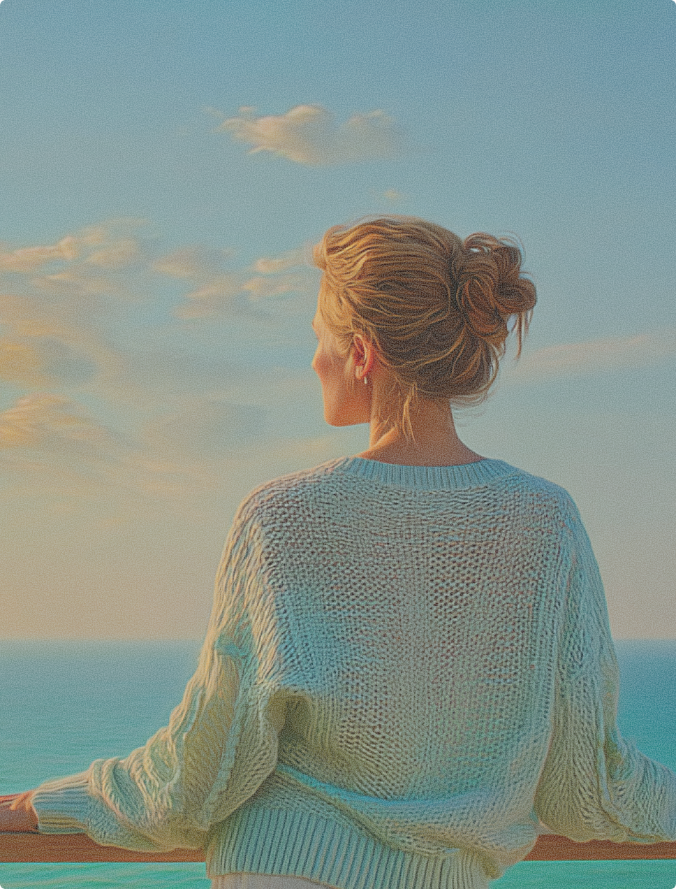 A woman, silhouetted at sunset looking out over the sea from a pier